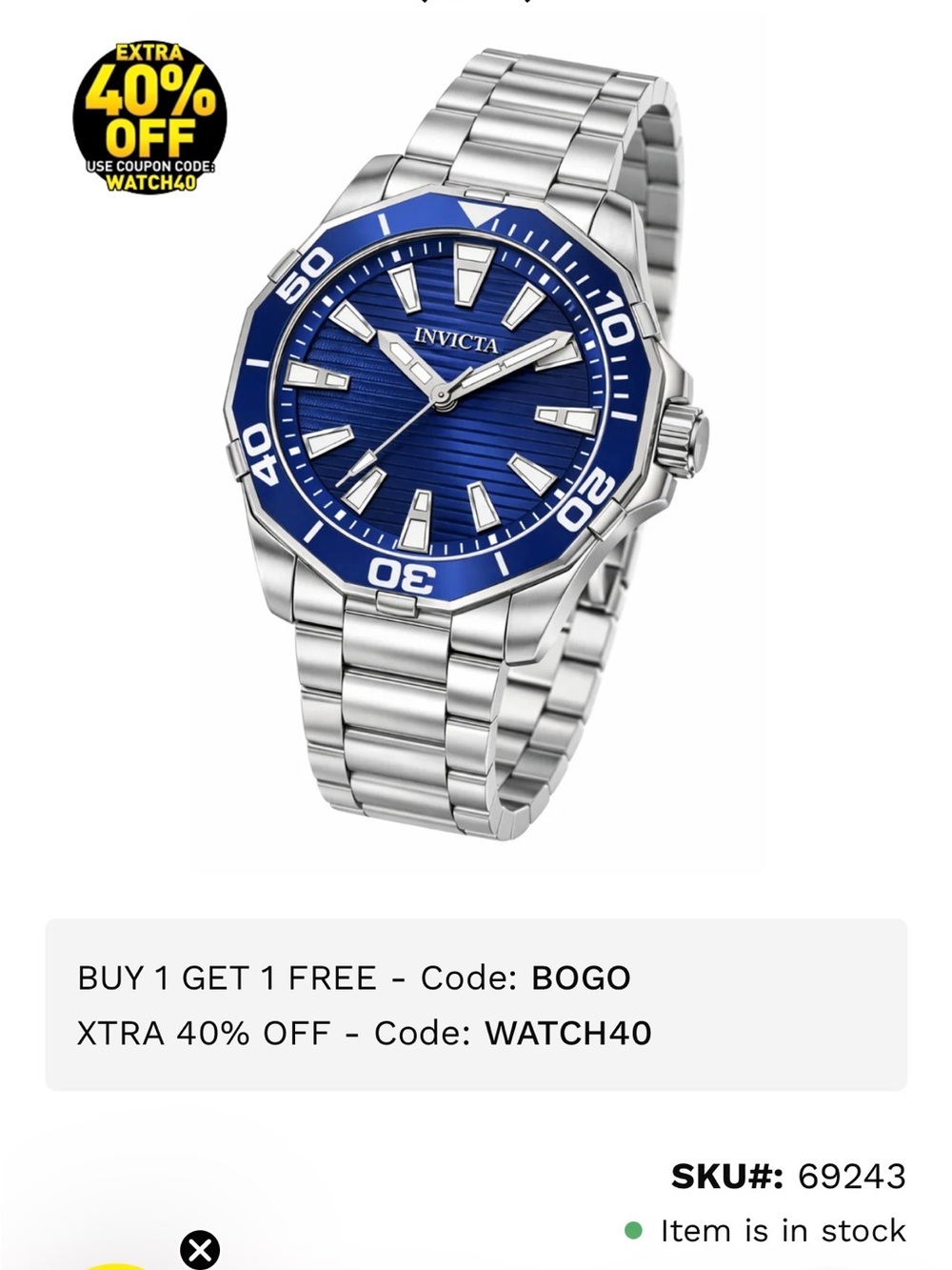Invicta Men's Silver Stainless Steel Watch with Blue Dial and Bezel